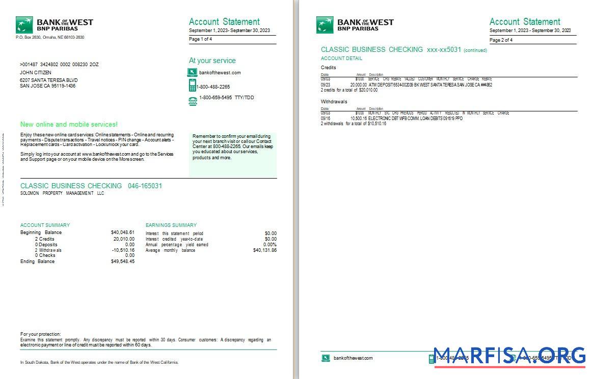 Realistic USA South Dakota Bank of the West BNP Paribas bank statement word 4 pages sample